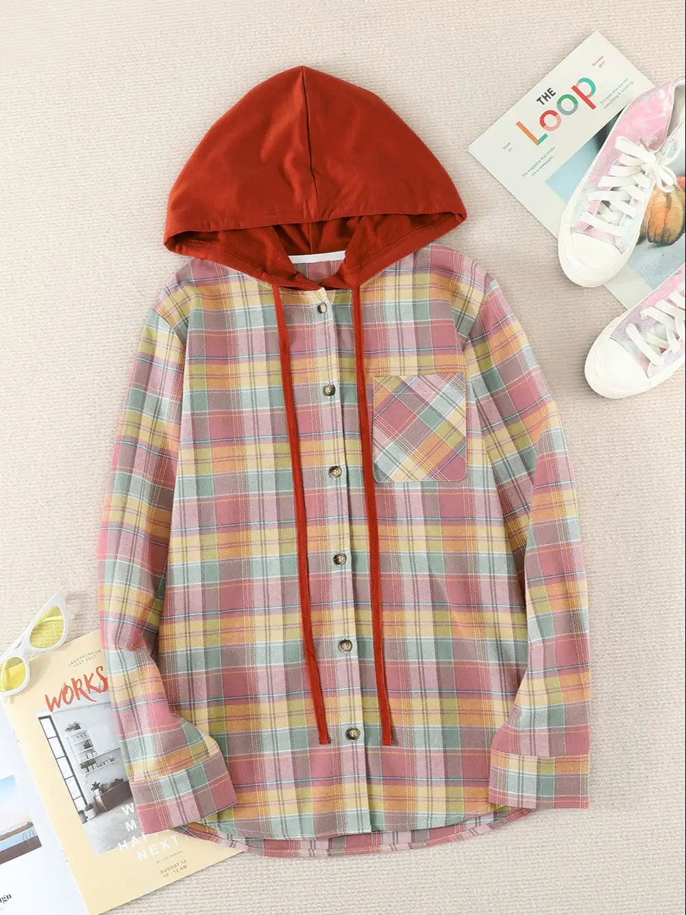 Women Autumn Hooded Collar Plaid Sweatshirt Tide Drawstring Loose Casual Hoodies Button With Chest-pocket