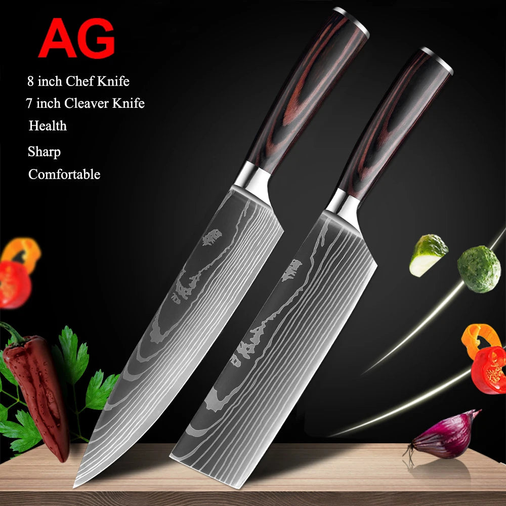 Japanese Kitchen Knife Set Laser Damascus Pattern Stainless Steel Sharp Cleaver Slicing Knives