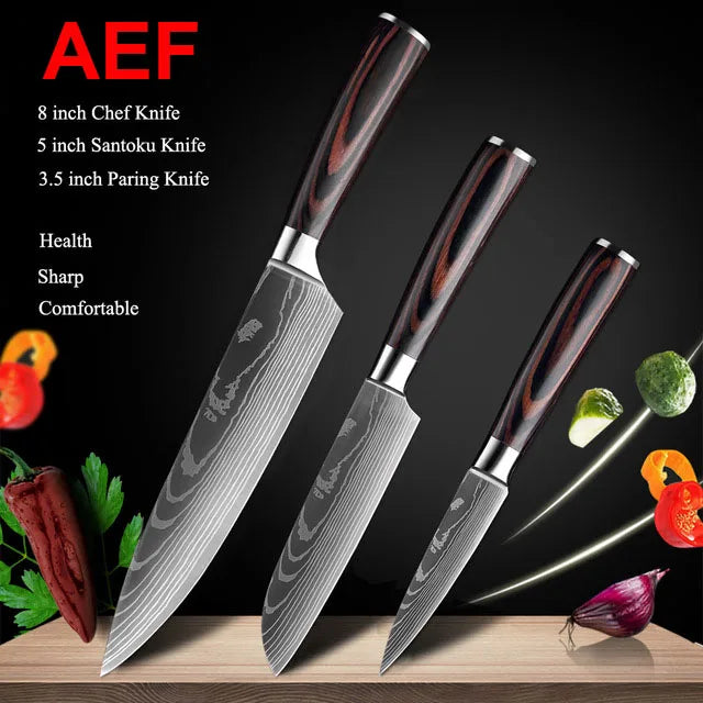 Japanese Kitchen Knife Set Laser Damascus Pattern Stainless Steel Sharp Cleaver Slicing Knives