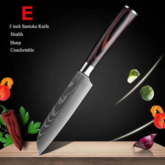 Japanese Kitchen Knife Set Laser Damascus Pattern Stainless Steel Sharp Cleaver Slicing Knives